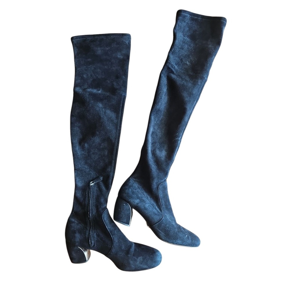 Women's Prada Black SUEDE Leather Over-the-knee Block Heel Round Toe Boots TP01